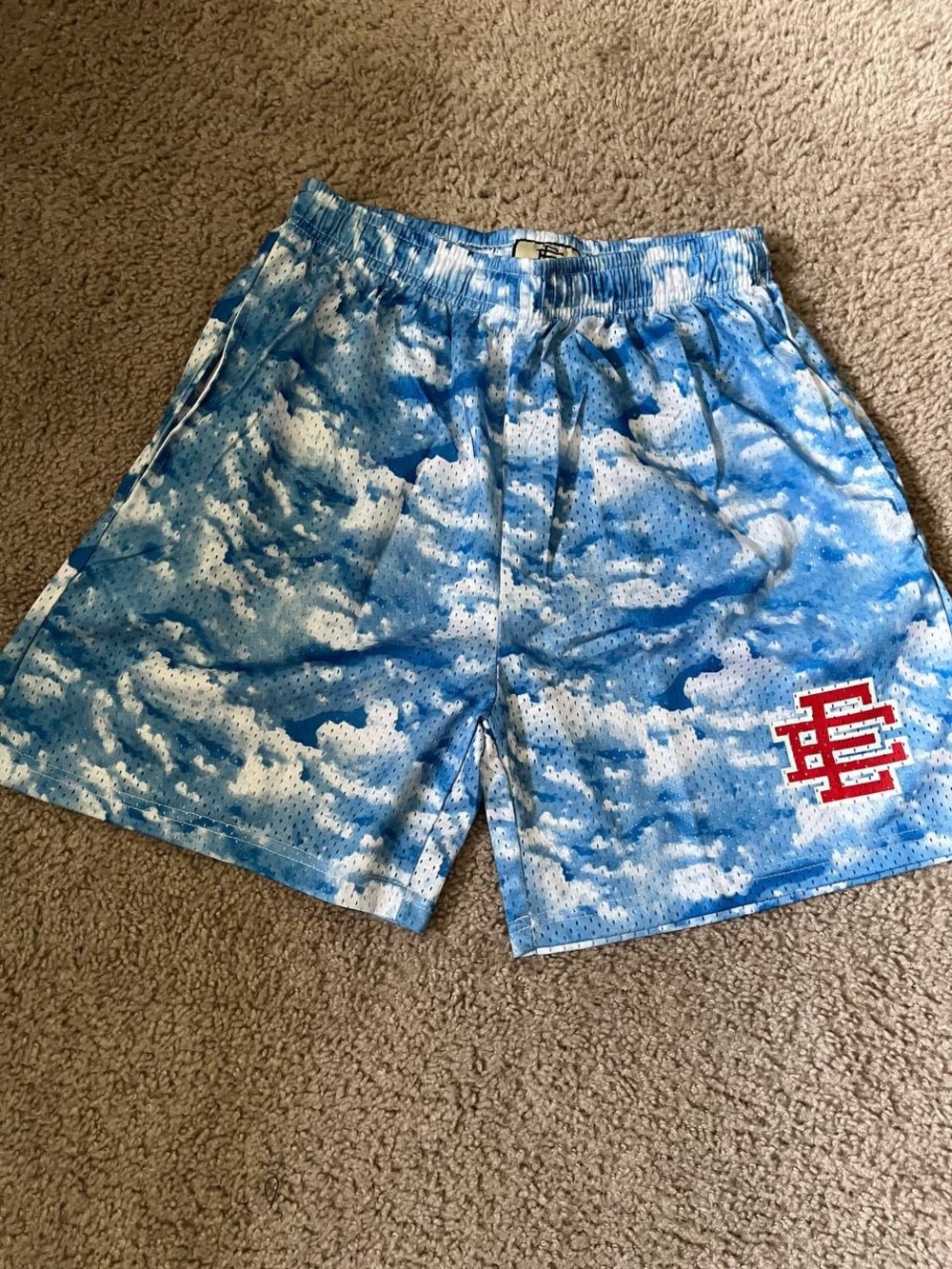 Eric Emanuel Blue Cloud-Print Athletic Shorts with Red Logo